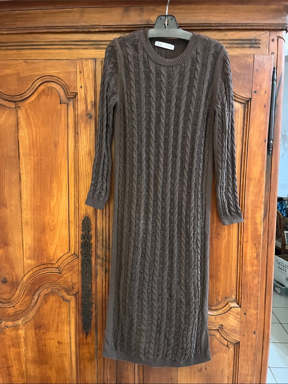 Zara Brown Cable-Knit Long Sleeve Midi Dress